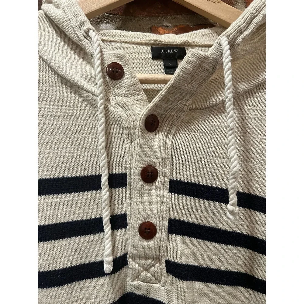 J.Crew Striped Knit Hooded Henley Sweater Kangaroo Pocket L Nautical Preppy
